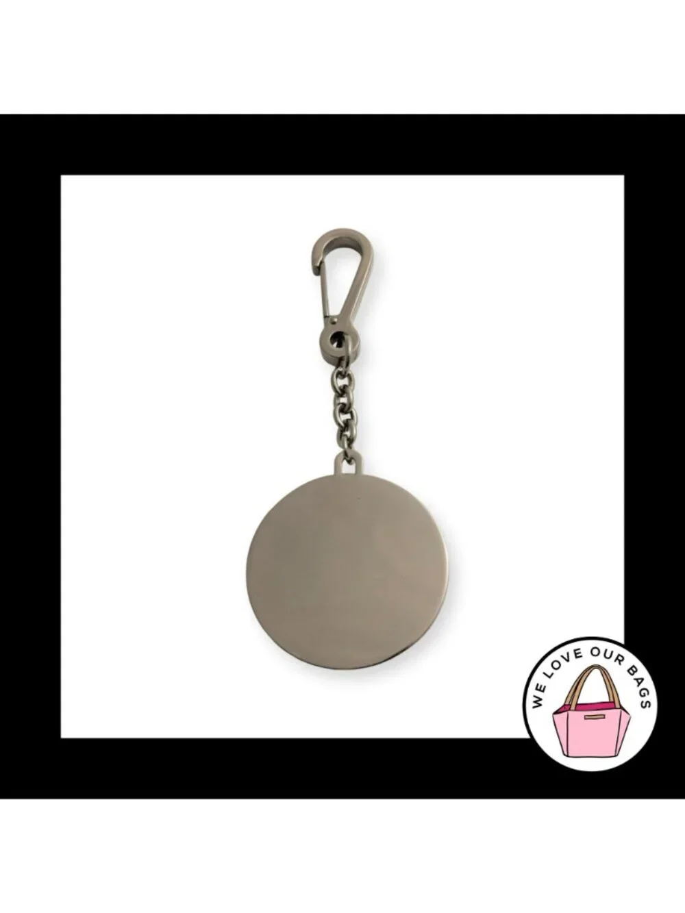 BEBE Hang Tag Large Round Black Gunmetal Chain Clip Bag Charm Keychain Fob